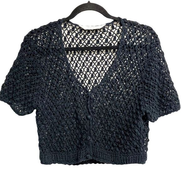 Anthro Kroshetta Papillon Black Crochet Knit Button Front Cardigan Sweater S - Picture 1 of 6